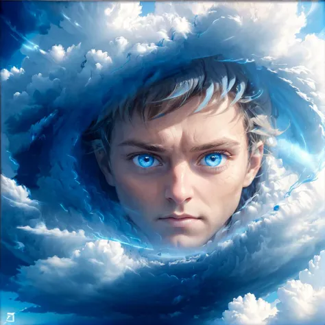 a close up of a person with blue eyes in a cloud