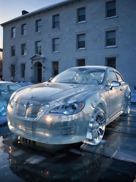 there are two cars parked in front of a building on a rainy day