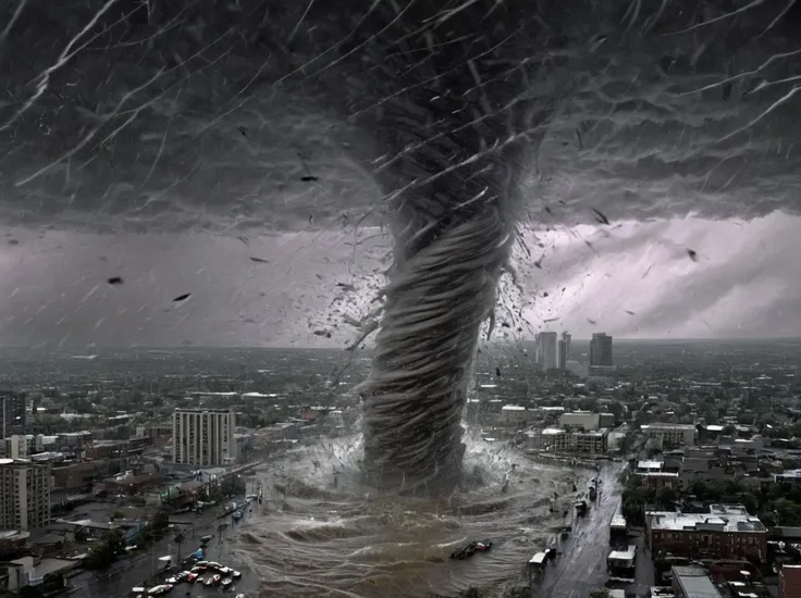 a close up of a tornado cloud over a city with cars