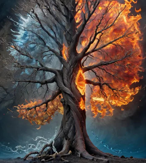 a tree with a fire and water in the middle of it