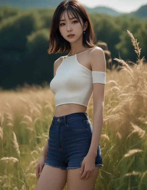 (high resolution detail of human skin texture:1.6),ultra realistic detailed,aesthetic,best quality,(photorealistic:1.2),dynamic angle,elegant,realistic skin detail,
1girls,japanese,bare shoulders,crop top,see-through,meadow,sitting, jeans,