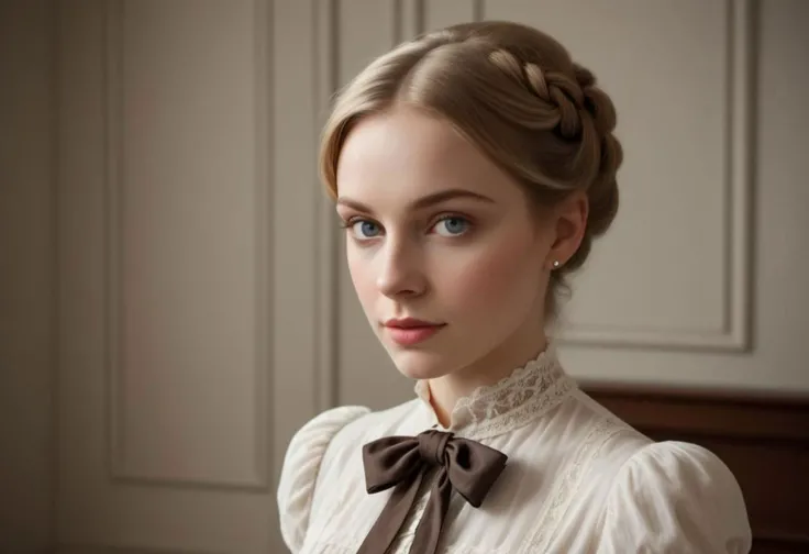 (Style photo of Victorian era clothing:1.8), (sharp focus on her face:2.0), Best Quality,4K,high resolution,masterpiece:1.2),Ultra-detailed, Realistic:1.37, Photography, Hollywood actress, popular in 1950s, vintage Apartment, feminine pose,(Elegant double ...