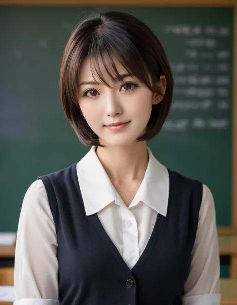 japanese beauty,teacher,necaklace,classroom,against standing by chalkboard, BREAK, (face focus,from below,looking down:1.3),hand on hip,blurry background,