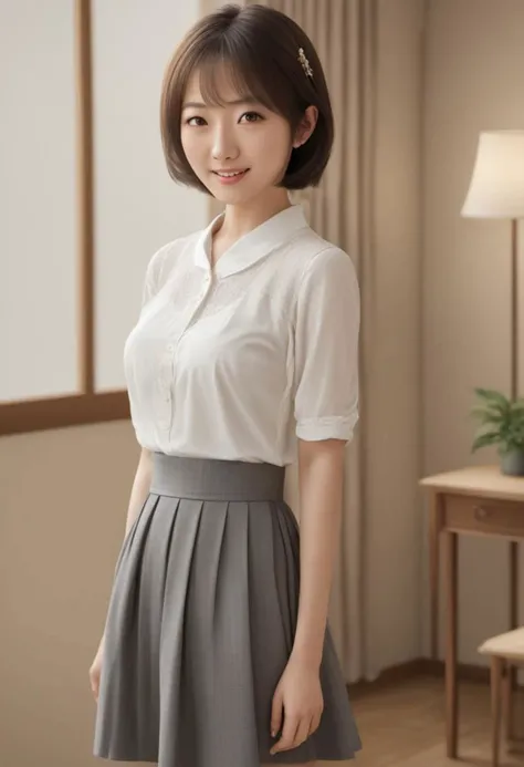 photorealistic:1.37, very beautiful japanese woman, 30 years old grown-up, mature lady, in cute room,(detailed large eyes, smile, shy, midiskirt),(brunette curled short hair:1.1),high heeled pumps, (high resolution detail of human skin texture:1.4,rough sk...