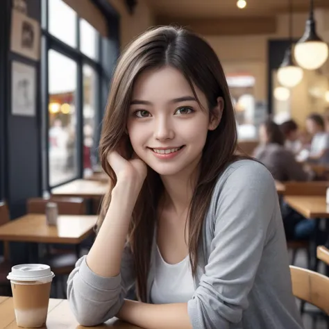 photorealistic,1woman,face focus,clear eyes,cafe,smile,sitting,looking at viewer,hand on head,blurry background,