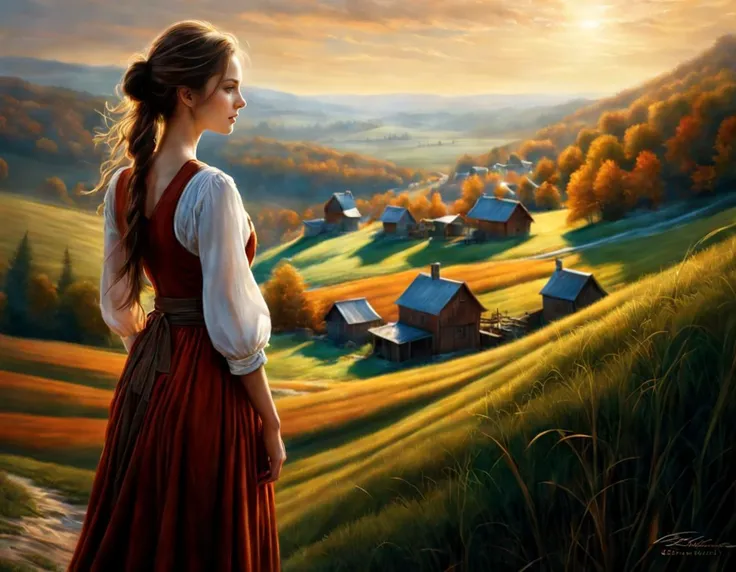 girl, (art by Terry Redlin:0.7) , warm hillside, Striking Female Spice merchant, Depth of field 100mm, beautiful,dynamicpose