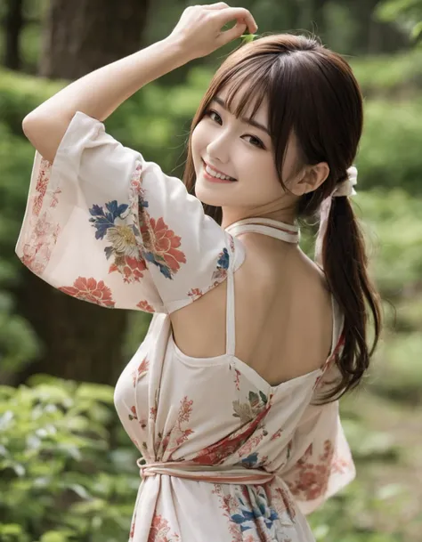 (photo:1.5),japanese,1girl,beauty,large breasts,tunic,smile, tareme,from back,casual dress, arms up,dynamic pose,