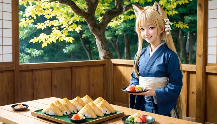 masterpiece, best quality, ultra-detailed, illustration,
1girl, blonde hair, long hair, fox ears, miko, hakama, smile, closed mouth, happy, pupils sparkling,
oinarisan, food, still life, food focus, realistic, plate, leaf, table,
tatami, shouji, window_sha...