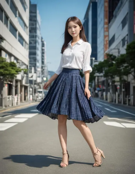 beautiful japanese girl in metropolis,midiskirt,sandals, high heels, (high resolution detail of human skin texture:1.4,rough skin:1.2),(portrait:1.8),(indirect lighting), dynamic pose,