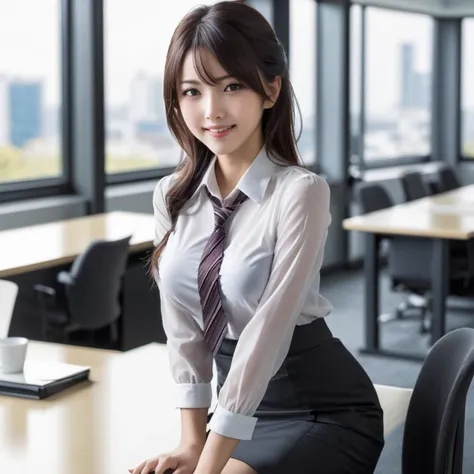 photorealistic,japanese, 1girl,sitting,business dress,pencil skirt,smile,large breasts,looking at viewer,in office,against a large window,across a table