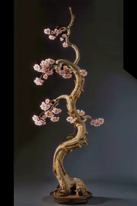 a close up of a bonsai tree with pink flowers on a wooden base