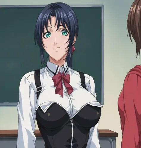 anime image of a woman in a school uniform with a black and white shirt