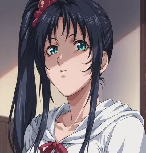 anime girl with long black hair and a red bow in a white shirt