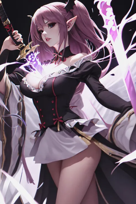 Highly detailed, High Quality, Masterpiece, beautiful, KrulTepes, two side up, hair ornament, pointy ears, black dress, frills, ribbon, <lora:Char_OwarinoSeraph_KrulTepes:1>, (booba sword:1.2), cleavage, sword, holding sword, electricity, <lora:Pos_BoobaSw...