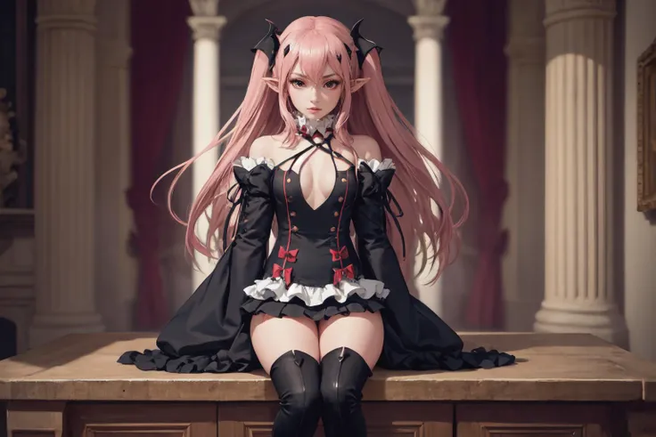 Highly detailed, High Quality, Masterpiece, beautiful, KrulTepes, two side up, hair ornament, pointy ears, black dress, frills, detached sleeves, thigh boots, ribbon, <lora:Char_OwarinoSeraph_KrulTepes:1>