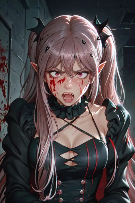 Highly detailed, High Quality, Masterpiece, beautiful, KrulTepes, two side up, hair ornament, pointy ears, black dress, frills, ribbon, <lora:Char_OwarinoSeraph_KrulTepes:1>, upper body, open mouth, furrowed brow, fangs, angry, blood, blood on face, crazy ...