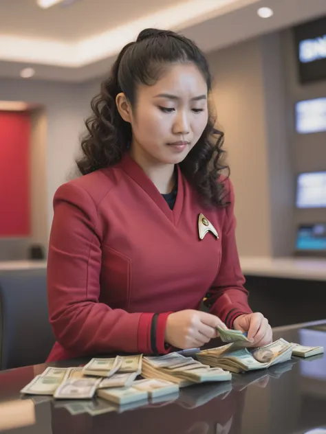 woman in red shirt sitting at a desk with stacks of money