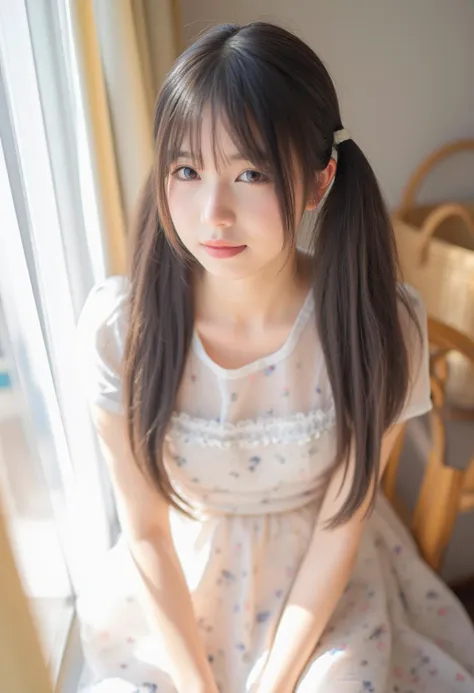 a young woman with long, dark hair tied in twintails. she is wearing a light-colored dress adorned with small floral patterns. t...