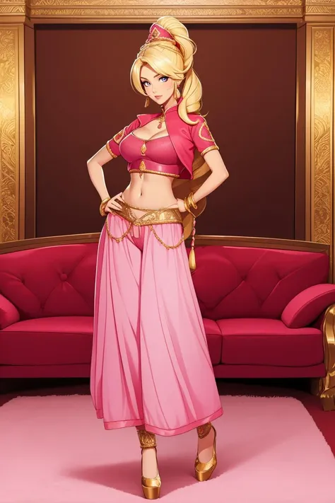 mature female, (full body:1.3), standing, arms crossed, eyeliner, (blonde hair updo), wearing pink genie giab_1, crop top shirt, red crop jacket, sheer harem pants with elastic cuffs, high heels, gold embroidery, hat, <lora:giab_1-15:0.6>, (living room bac...