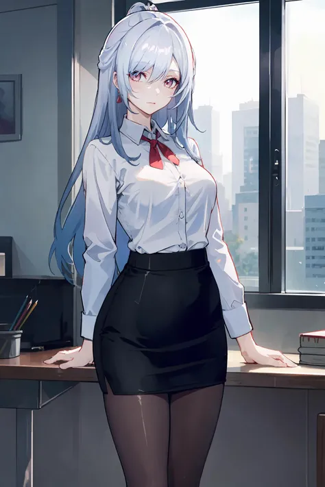 1girl, jingliu (honkai: star rail), silver hair, expressionless, office lady, collared shirt, pencil skirt, pantyhose, office, cowboy shot, indoors , depth of field