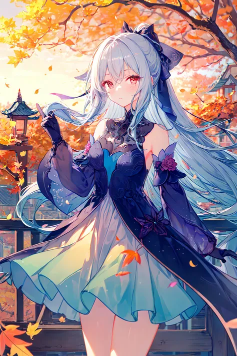 (Masterpiece:1.2, high quality),1girl, jingliu (honkai: star rail), black gloves, blue dress, detached sleeves, hair ribbon, looking at viewer, finger to mouth, blush, floating hair, cowboy shot, depth of field, east asian architecture, autumn, autumn leav...