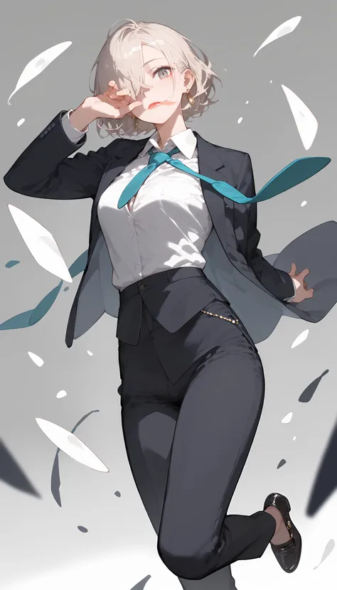 anime character in a suit and tie running through the air