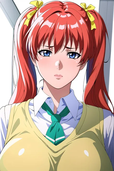 anime girl with red hair and green tie posing for a picture