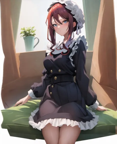 a woman in a maid outfit sitting on a green cushion