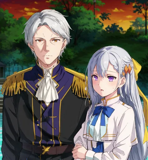 anime couple in uniform standing next to each other in front of a lake