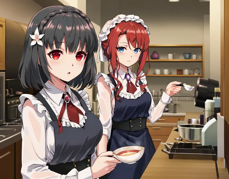 anime image of two women in a kitchen with a bowl of food