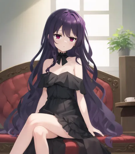 anime girl sitting on a red couch with long black hair