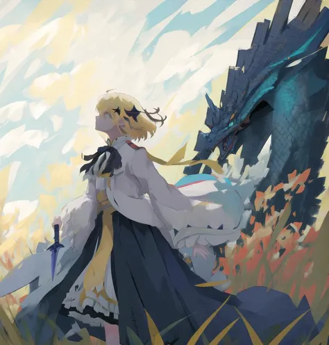 anime girl with dragon in the background