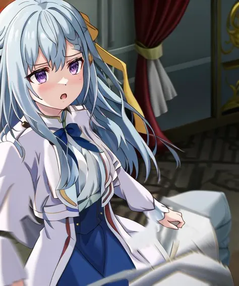 anime girl with long blue hair and white shirt in a room