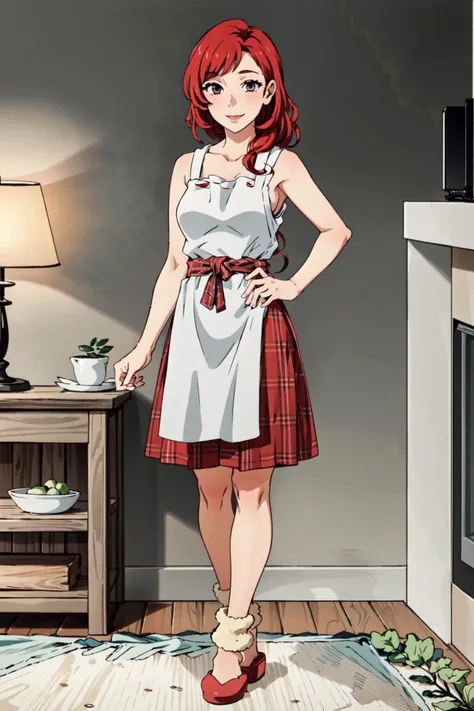 animemomhair,1girl,standing,cherry red hair,apron,adult,mature woman,plaid polyester dress,sleeveless dress,full body,smiling,wearing slippers,in living room, <lora:AnimeMomHair-10:1>