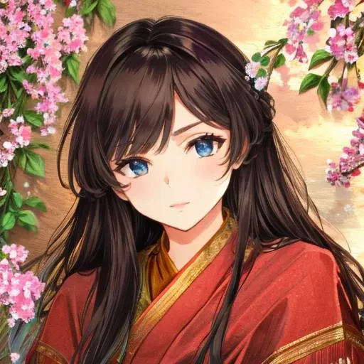 anime girl with long hair and blue eyes in a red kimono