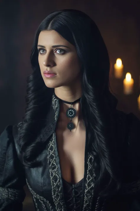 a woman in a black dress and a necklace with candles in the background