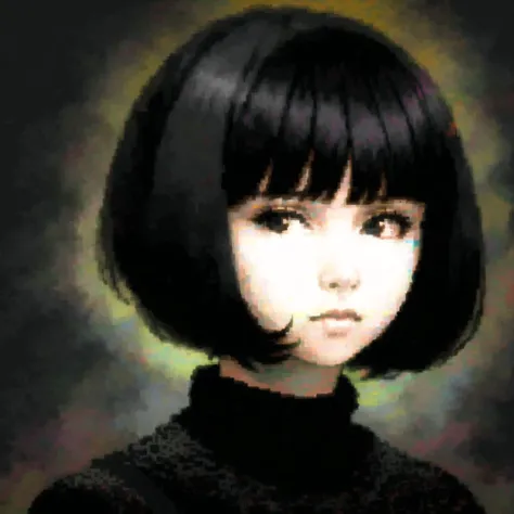 <lora:seleznev_trixel_art:1>, seleznev_trixel_art,  drawing, blur, pixelated, glitch, dithering, 


masterpiece, best quality, 1girl, solo, black eyes, black hair, black sweater, bob cut, closed mouth, medium hair, simple background