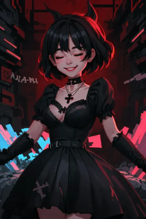 [rat girl:15] red room , dark bed, black dress, bra, closed eyes, cross, leotard, looking at viewer, necklace, black short hair, smile, solo hd, 8k , pixelated, glitch, cinematic light,<lora:ballgownGoth (1):1> <lora:seleznev_trixel_art:0.7>