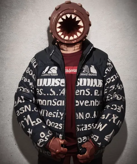 a close up of a person wearing a jacket with a mouth