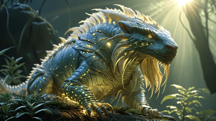 a close up of a dragon with glowing eyes in a forest