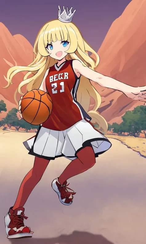 <lora:sdxl-gomon-hime:0.7> sdxl-gomon-hime princess, silver mini crown, flipped hair blonde hair long hair short sidelock shiny hair blunt bangs, blue eyes eyelashes thick eyebrows, toenails Elated  basketball_uniform, ayers rock wind outdoors