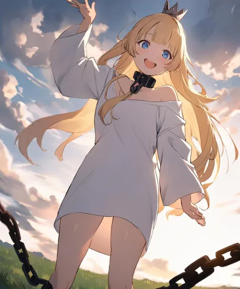 1girl, <lora:sdxl-gomon-hime:0.3> sdxl-gomon-hime, princess, silver mini crown, blonde hair, long hair, short sidelock, blunt bangs, blue eyes, toenails, white shirt off shoulder long sleeves oversized shirt wide sleeves, black collar, shackles, park, Rejo...