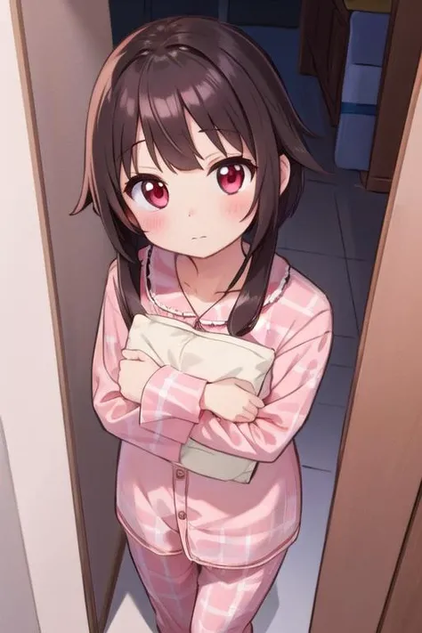 masterpiece,ulrra detail,best quality, girl,pajamas,scared to sleep alone, <lora:ScaredToSleepAlone:0.7>, looking at viewer,from above, blush.  <lora:megumin_v2:0.7>,megumin