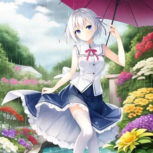 1girl ,skirt,white legwear,legwear,short white hair,ribbon,bare arms,rain,((sky)),colorless umbrella , [yellow:white:0.3] flower,garden,[sun:20],light,water,bubble,korie