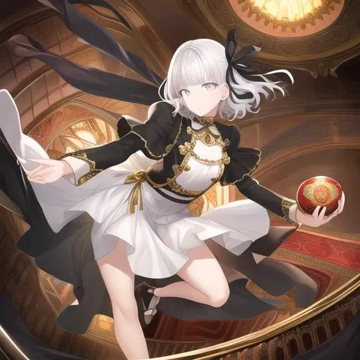 masterpiece,best quality,CG,wallpaper, extremely detailed,  close up, solo,dynamic pose,full body,small breast,(cute face), (perfect hands),bowl cut,long bright white hair,hair ribbon,black ribbon,grey eyes,glowing eyes,oversized clothes,white dress,