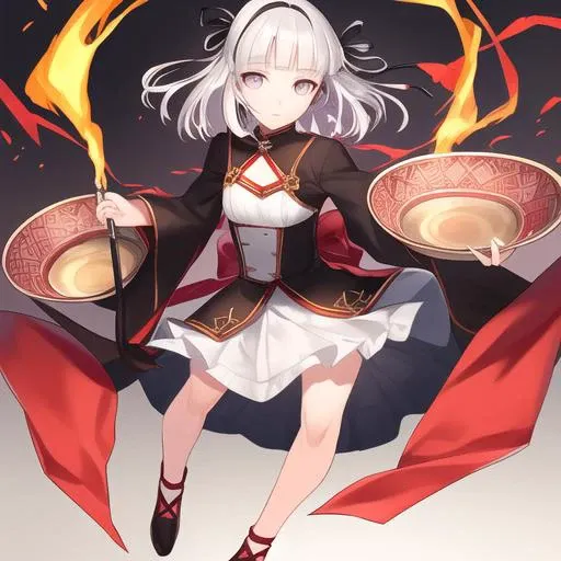 masterpiece,best quality,CG,wallpaper, extremely detailed,  close up, solo,dynamic pose,full body,small breast,(cute fac)e,bowl cut,long bright white hair,hair ribbon,black ribbon,grey eyes,glowing eyes,oversized clothes,white dress,