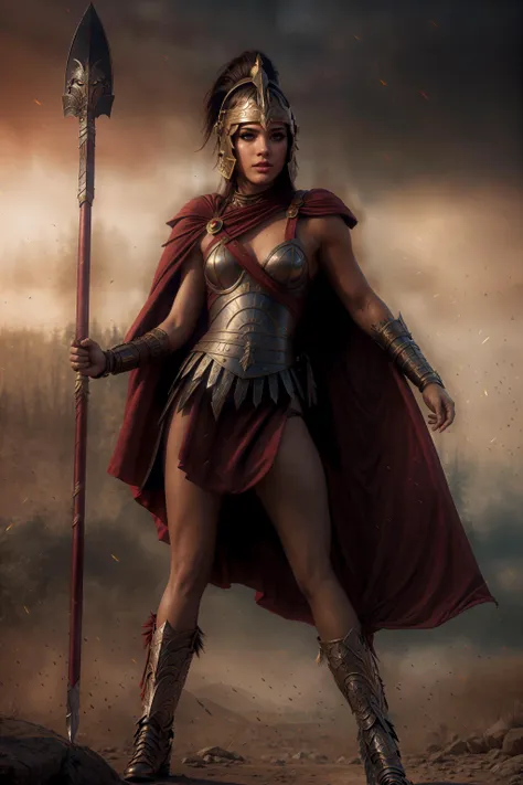 young girl in the style of sp4rt4 <lora:LD-Spartan-sp4rt43(0,8-1)CIVIT:0.8>, standing, choker, hip belt, red cape, spartan helmet, spear, ornamented shoulder pads, tattoos, trojan war background, (professional DSLR photo), sharp focus, 8k uhd, dslr, soft l...