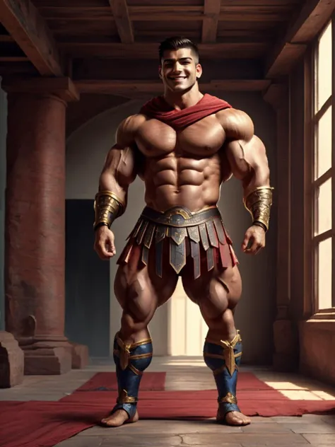 (one male:1.9) (1boy:1.9) (front view:1.6) (full body:1.5).
Very detailed flawless handsome face, detailed open eyes, heroic, bodybuilder, (big muscles), (big pectorals), narrow waist. Long hair. Realistic face, realistic eyes, (smile).
A warrior in the st...