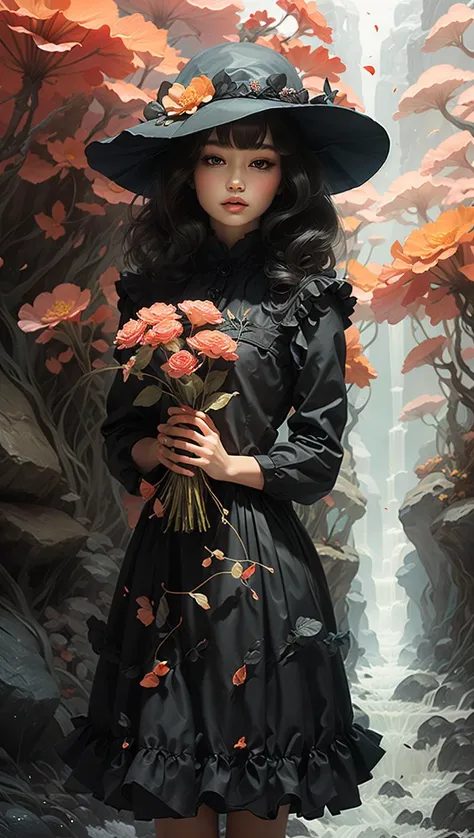 Full Fantasy Flower,<lora:Full Fantasy 000008:0.7>,holding flowers in hand,flower sea,creek,hat,forest,black dress,