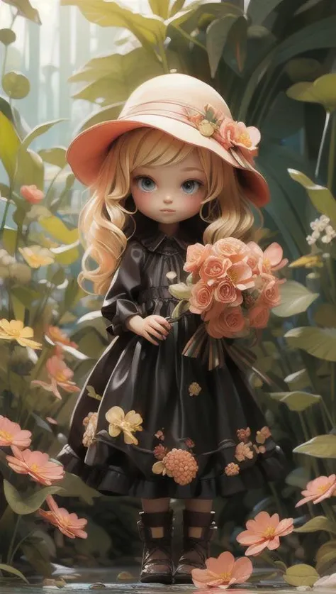 Full Fantasy Flower,<lora:Full Fantasy 000008:0.7>,holding flowers in hand,flower sea,creek,hat,forest,black dress,